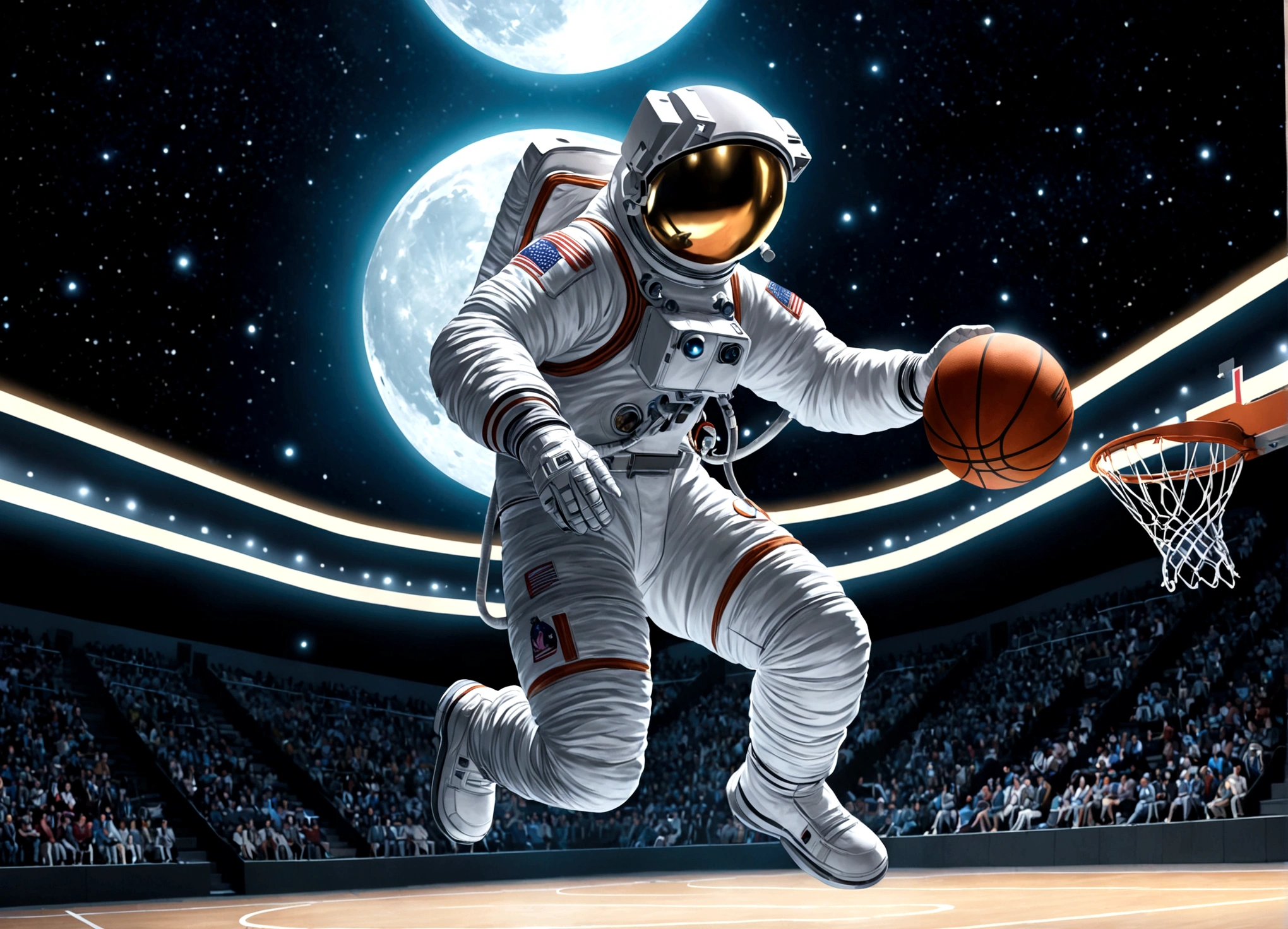 astronaut, Moon, basketball场, basketball, Space suit, Bright, Clarity, Rich in details, Science Fiction, basketball在空中飞翔, Moon表面纹理, Star bright, astronaut跳跃, basketball框, basketball场灯, night, moonlight, astronaut的笑容, Motion capture, Reality, Science Fiction Art