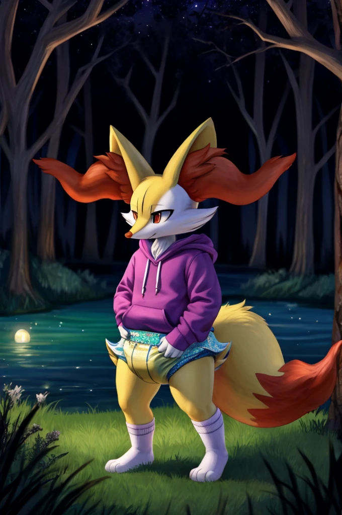 A Braixen femboy wearing a sweatshirt and diaper with urine and white socks standing in a dark magical forest near a lake at night 