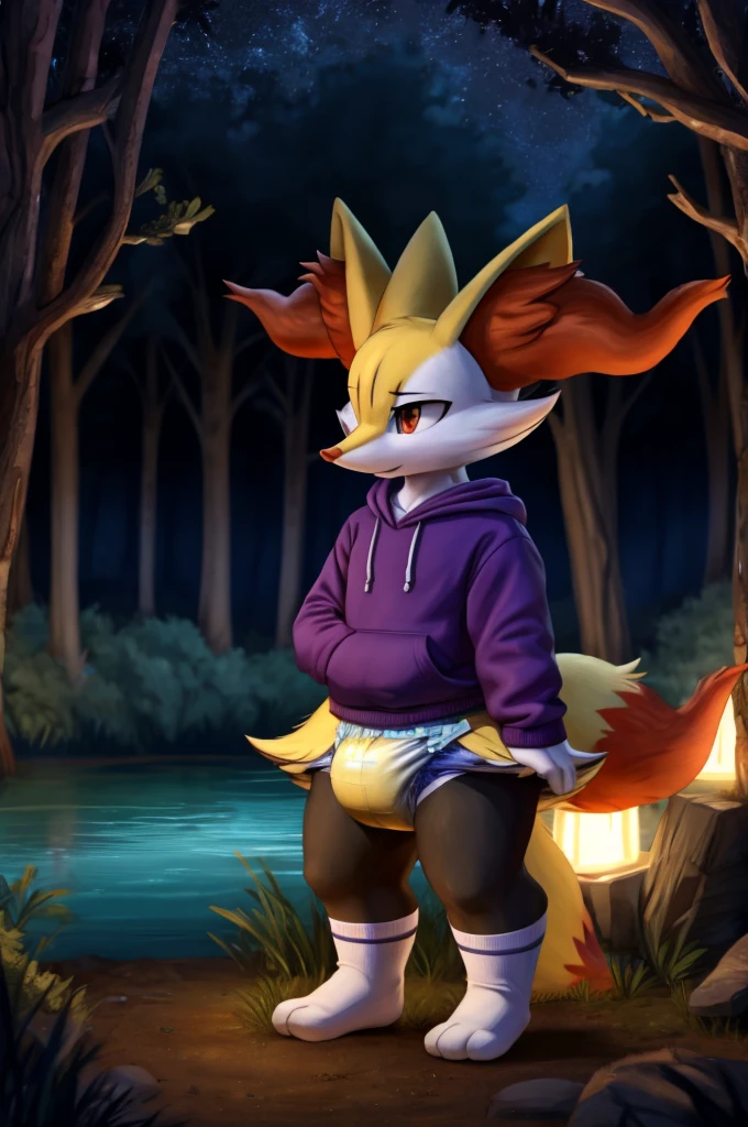 A Braixen femboy wearing a sweatshirt and diaper with urine and white socks standing in a dark magical forest near a lake at night 