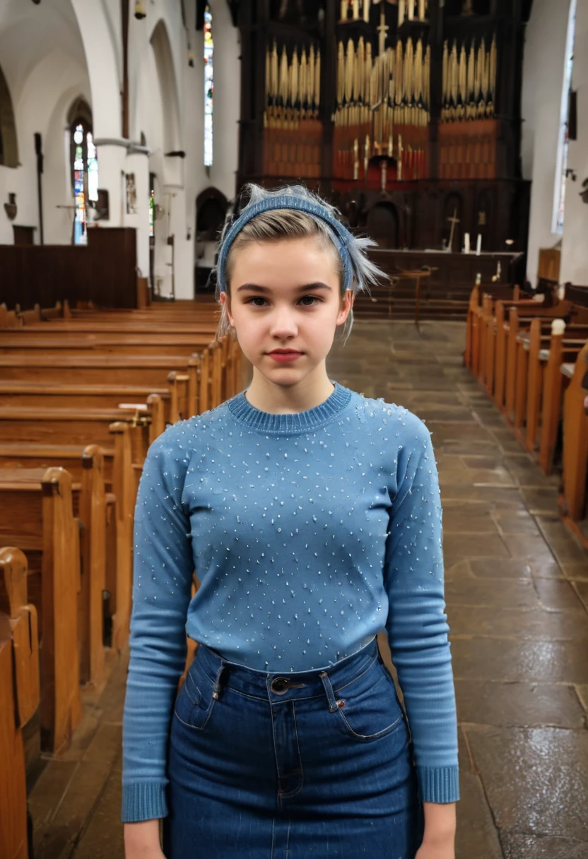 a tween in hard makeup, in tight sweater, denim jeans dress, retro punk hairstyle, in church, rain, soakingwetclothes, 70's photo style
