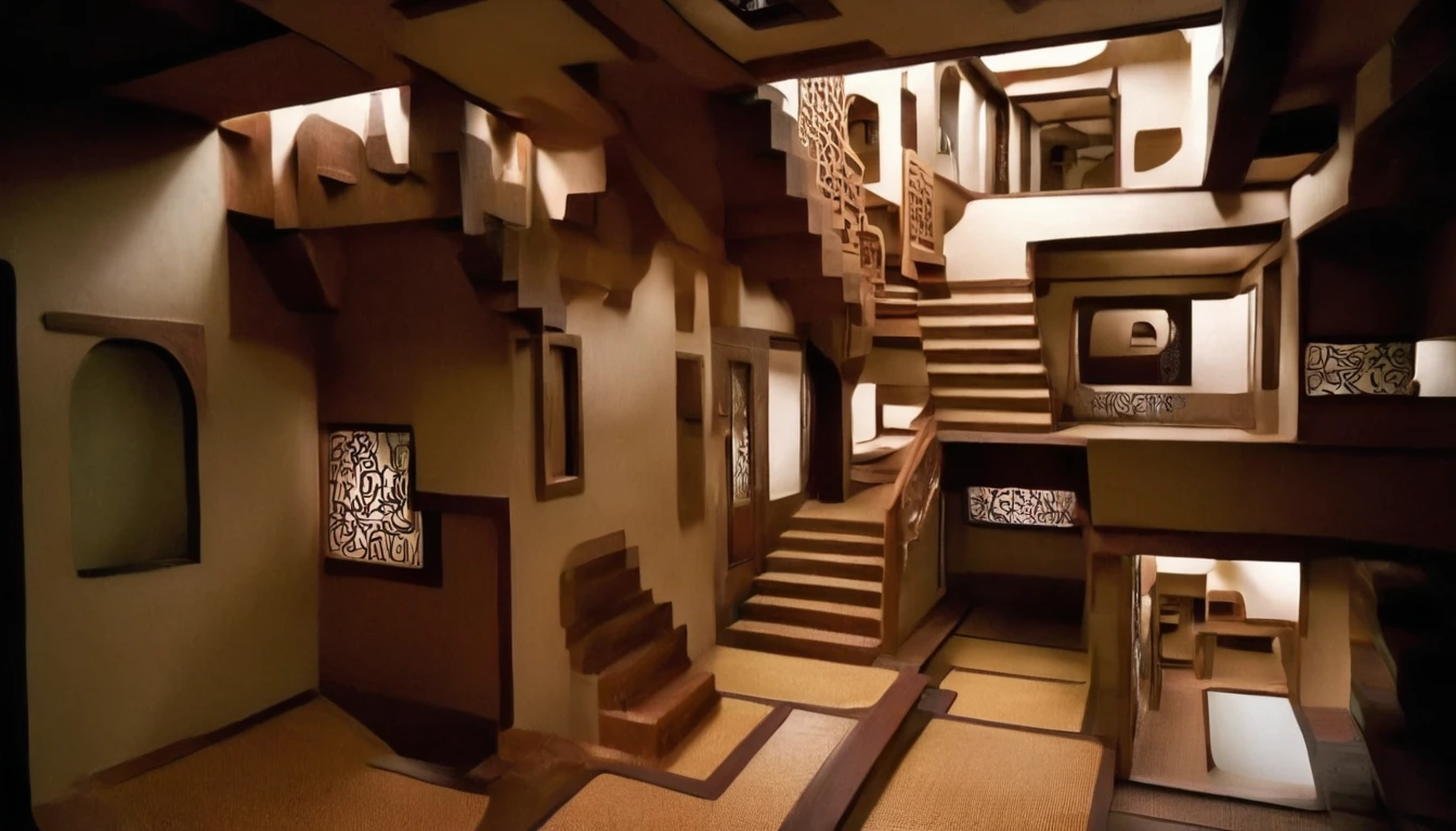 Infinitely large extra-dimensional space in a non-symmetrical MC Escher labyrinth style. It consists of several living rooms, various corridors, various endless halls and many stairs in a Japanese style. There is no ceiling. It has a distorted sense of gravity, allowing the rooms to be upside down or perpendicular to the stairs. Its physics is distorted. Its structure and random layout. [Japanese style] [para-dimensional] [Infinity forteresses] [MC Esher Labyrinth]