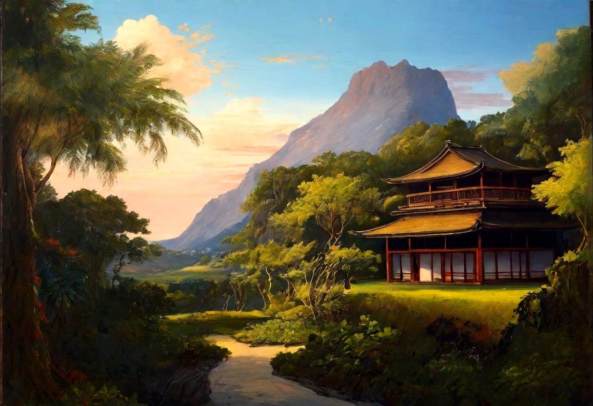 painting landscape of a big tropical forest with medieval japanese building in background, one home, trees, vines, beutiful landscape