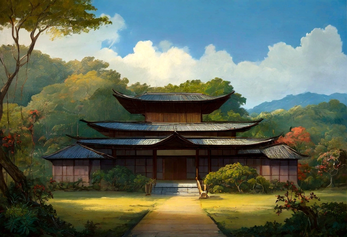 painting landscape of a big tropical forest with medieval japanese building in background, one home, trees, vines, beutiful landscape