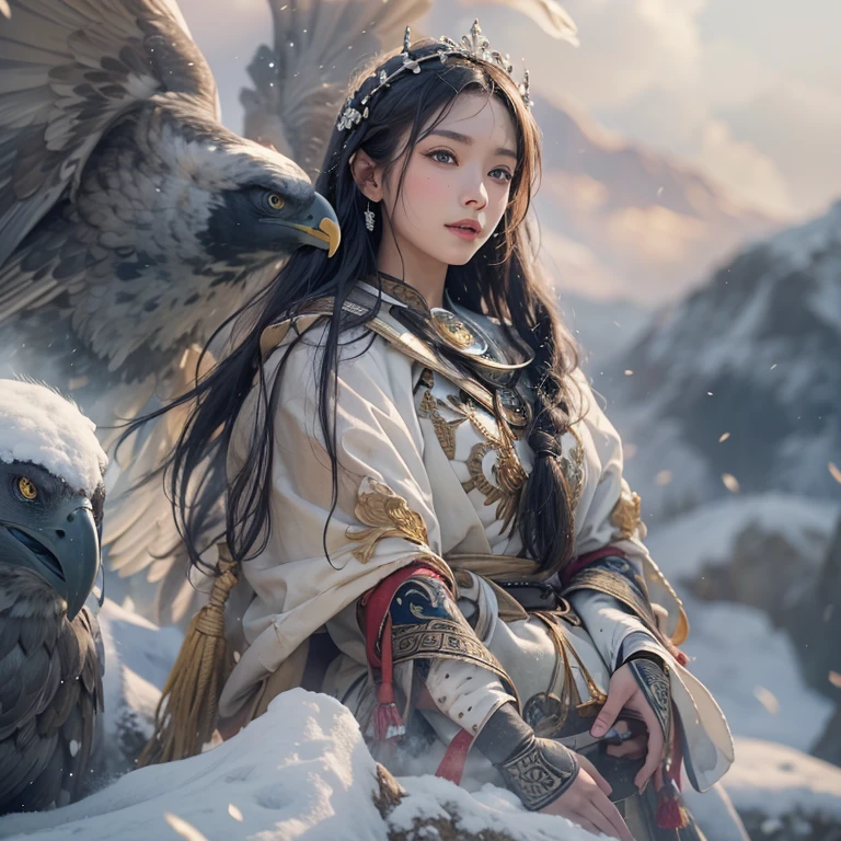 Hiding in the snowy mountains、Hair flow、 ((Highest quality、masterpiece、8K、Best image quality、Ultra-high resolution、Award-winning works)、(Accurate anatomy:1.1)、(Look at me and smile:1.1)、Shining fair skin with Ultra-high resolution、The most detailed face、Ultra-high resolution detailed face、Ultra-high resolutionの髪の毛、(Ultra-high resolutionの煌めく瞳:1.1)、Beautiful face drawn in every detail、(Blurred Background:1.1)、Ancient Inuit clothing, Chest to chest, tattoo, Old ruins in the background、Apart from the real giant eagle