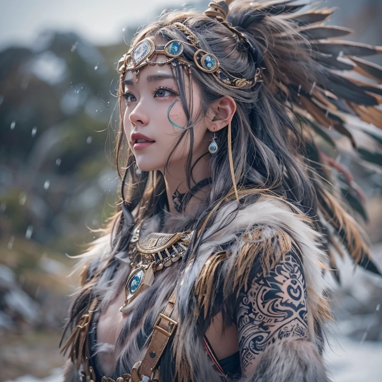 Hiding in the snowy mountains、Hair flow、 ((Highest quality、masterpiece、8K、Best image quality、Ultra-high resolution、Award-winning works)、(Accurate anatomy:1.1)、(Look at me and smile:1.1)、Shining fair skin with Ultra-high resolution、The most detailed face、Ultra-high resolution detailed face、Ultra-high resolutionの髪の毛、(Ultra-high resolutionの煌めく瞳:1.1)、Beautiful face drawn in every detail、(Blurred Background:1.1)、Ancient Inuit clothing, Chest to chest, tattoo, Old ruins in the background、Apart from the real giant eagle