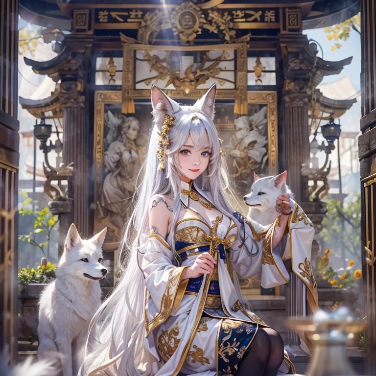 Hiding in an ancient shrine、Hair flow、 ((Highest quality、masterpiece、8K、Best image quality、Ultra-high resolution、Award-winning works)、(Accurate anatomy:1.1)、(Look at me and smile:1.1)、Shining fair skin with Ultra-high resolution、The most detailed face、Ultra-high resolution detailed face、Ultra-high resolutionの髪の毛、(Ultra-high resolutionの煌めく瞳:1.1)、Beautiful face drawn in every detail、(Blurred Background:1.1)、Ancient maiden costume, Chest to chest, tattoo、Other than white fox