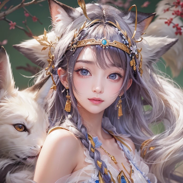 Hiding in an ancient shrine、Hair flow、 ((Highest quality、masterpiece、8K、Best image quality、Ultra-high resolution、Award-winning works)、(Accurate anatomy:1.1)、(Look at me and smile:1.1)、Shining fair skin with Ultra-high resolution、The most detailed face、Ultra-high resolution detailed face、Ultra-high resolutionの髪の毛、(Ultra-high resolutionの煌めく瞳:1.1)、Beautiful face drawn in every detail、(Blurred Background:1.1)、Ancient maiden costume, Chest to chest, tattoo、Other than white fox 