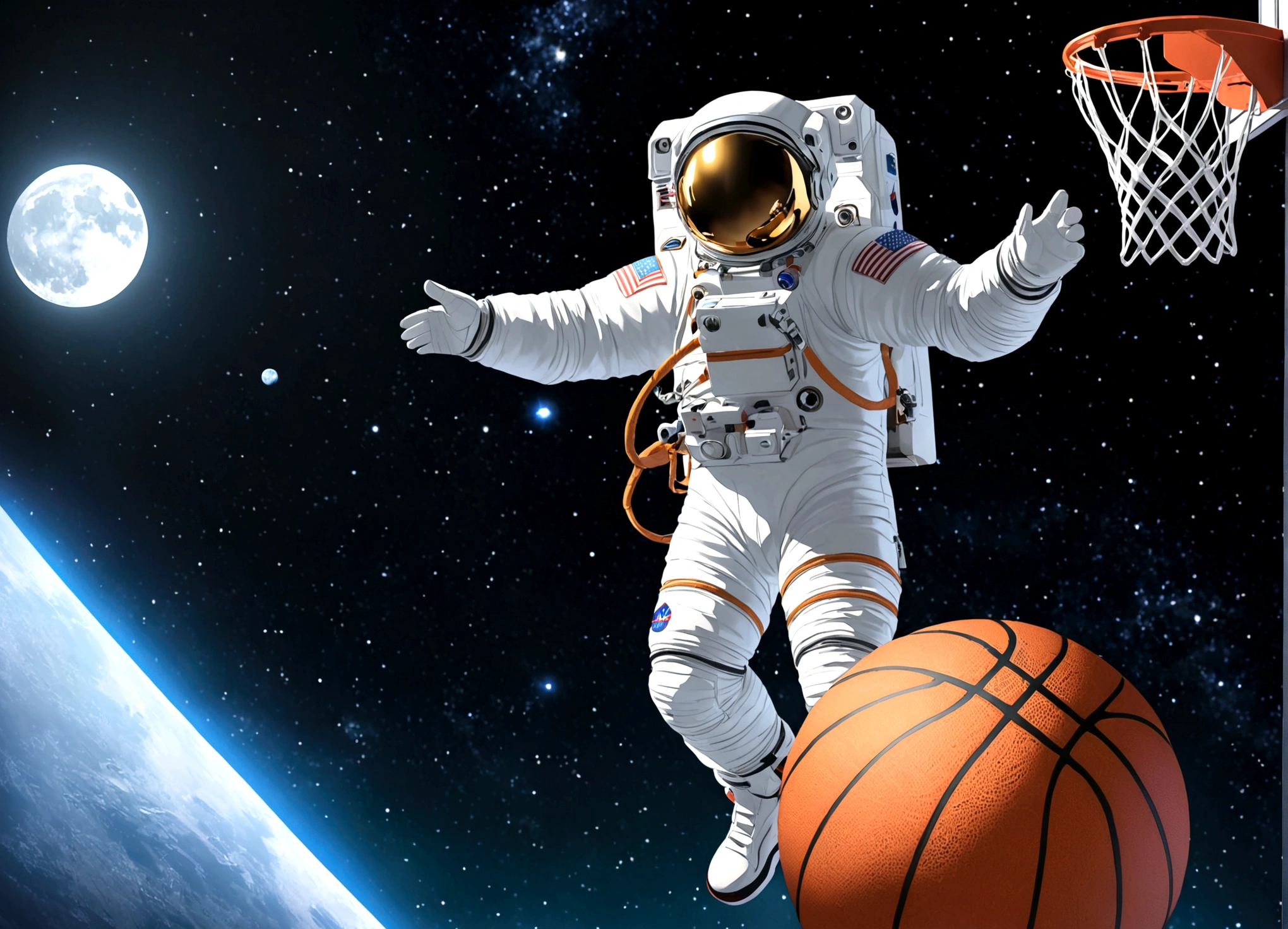 astronaut, Moon, basketball场, basketball, Space suit, Bright, Clarity, Rich in details, Science Fiction, basketball在空中飞翔, Moon表面纹理, Star bright, astronaut跳跃, basketball框, basketball场灯, night, moonlight, astronaut的笑容, Motion capture, Reality, Science Fiction Art