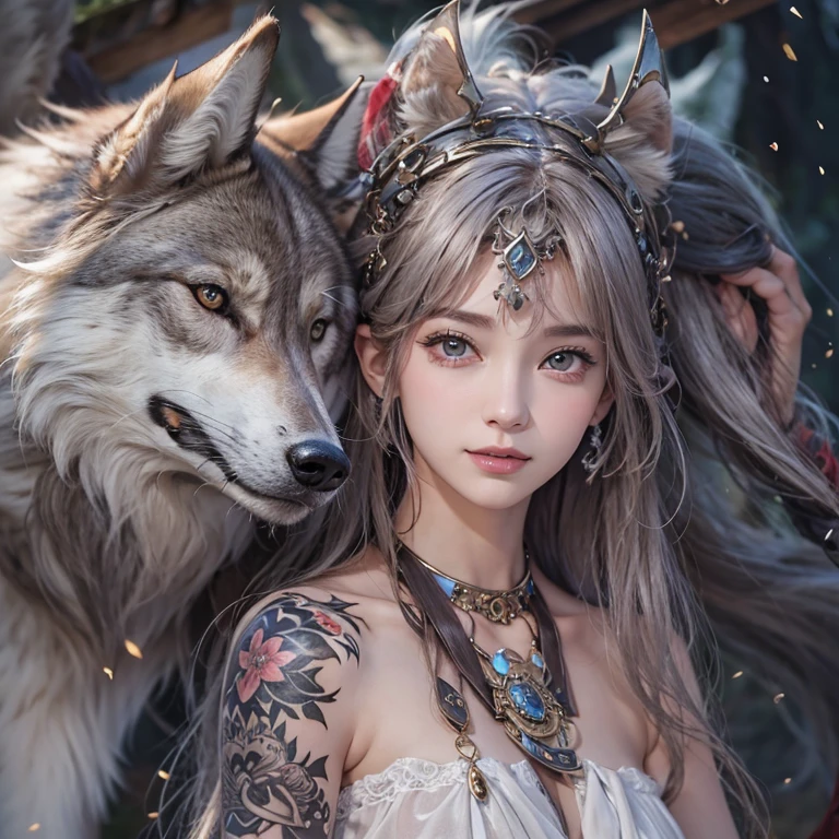 Lakeside surrounded by snowy mountains、Hair flow、 ((Highest quality、masterpiece、8K、Best image quality、Ultra-high resolution、Award-winning works)、(Accurate anatomy:1.1)、(Look at me and smile:1.1)、Shining fair skin with Ultra-high resolution、The most detailed face、Ultra-high resolution detailed face、Ultra-high resolutionの髪の毛、(Ultra-high resolutionの煌めく瞳:1.1)、Beautiful face drawn in every detail、Ancient Viking clothing, Chest to chest, tattoo, A real wolf is by your side