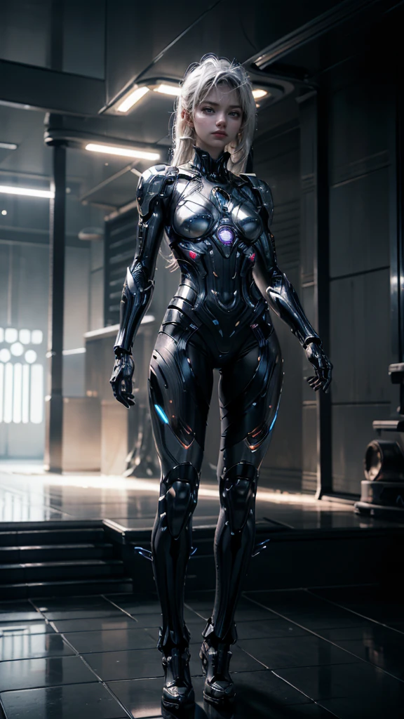 1girl, ultra realistic, ultra crisp, NVIDIA RTX, unreal engine, perfect slim body, realistic face, perfect face, realistic body, epic skin details, white hair, hair blown with strong winds, hyper rendering, ultra details, glowing eyes, purple eyes, blush, parted lips, cybernetic ear, cybernetic metalic hands, cybernetic metalic legs, luminous cybernetic futuristic metalic mechanical body, ultra realistic lights reflection details, ((full body shown)), from below, posing in the middle.