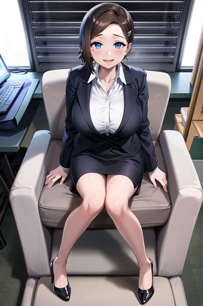 masterpiece, best quality, highres, 1girl, solo, short hair, brown hair, low ponytail, hairclip, blue eyes, mole under eye, earrings, huge breasts, white shirt, collared shirt, lanyard, long sleeves, black skirt, brown pantyhose, smile, blush,close mouth,office,blush,sweating,looking viewer,,pencil skirt,shoes,(nsfw)