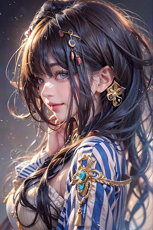 (((True Beauty))), Black Hair、folder、Round eyes、False eyelashes、Straight hair, Wavy Hair、correct、Deep Red Lipstick、Striped Hair、Brown Hair、Blue Hair、(Gradient Hair)、Asymmetrical Hair、Hair behind the ear、Crossed bangs、Long Hair、((お尻までLong Hair))、Long Hair、Smooth, Silky Hair、Hair up on one side、とんでもなくLong Hair、Light brown eyes、Ring Eye、Round eyes、Wicked Smile、A light smile、Cast a Shadow、(Extraordinary presence)、Atmospheric perspective、Backlight、Exposure、Lens flare、、最high quality、超High resolution、超High resolution、Very realistic, masterpiece、correct、Textured skin、high quality、最high quality、Awards、32k, 髪のfolder、Crafty、B Cup 、bold、（A light smile）、Embarrassed laugh、Redness in the ears、correct、Shine、360° View、Very detailed、超High resolution、解剖学的にcorrect、masterpiece、Accentuate your breasts、High resolution、High detail、Long eyelashes、A slight blush、Compensate,I&#39;I don't want to wear clothes、 (((Full Body Shot)))、（((Roll up your hair))）、Seductive pose、Shooting from a distance、Different angles of view、Waist height 、Hair blowing in the wind、（Navel exposed 1.3），Skin-colored transparent forceps，（(Black transparent pantyhose 1.5)），(Straighten your legs)， jewelry, Night view, 立つ up straight, Big earrings，Soft Light，Top Glitter