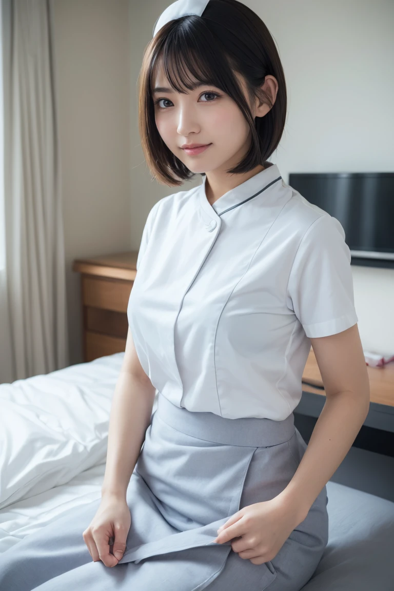 ((Great quality,Great quality,high quality, very beautiful,beautiful, 最high quality, Realistic))  , (fingersmile),(White nurse uniform, Little White Nurse (cap), White shirt, Open shirt, Clothing that shows the lines of the body,hospital, ),((Light brown hair,blunt bangs, pixie cut, 太くてbeautiful眉,Round eyes)),Detailed body,photograph,3D, texture,, View audience, ((最high quality, Great quality, very beautiful, Absurd))、(Perfect beautiful face 1.2),(smile),Blushed,Heavy breathing,(Perfect and beautiful posture:1.2),(30 year old beautiful Japanese woman),(Mature Woman),(Face with makeup),Flat Chest,Long legs, (Muscular body),(whole bodyに汗をかく:1.2),超高解像度のphotograph,Looking at the camera,(Stand facing forward),(whole body),