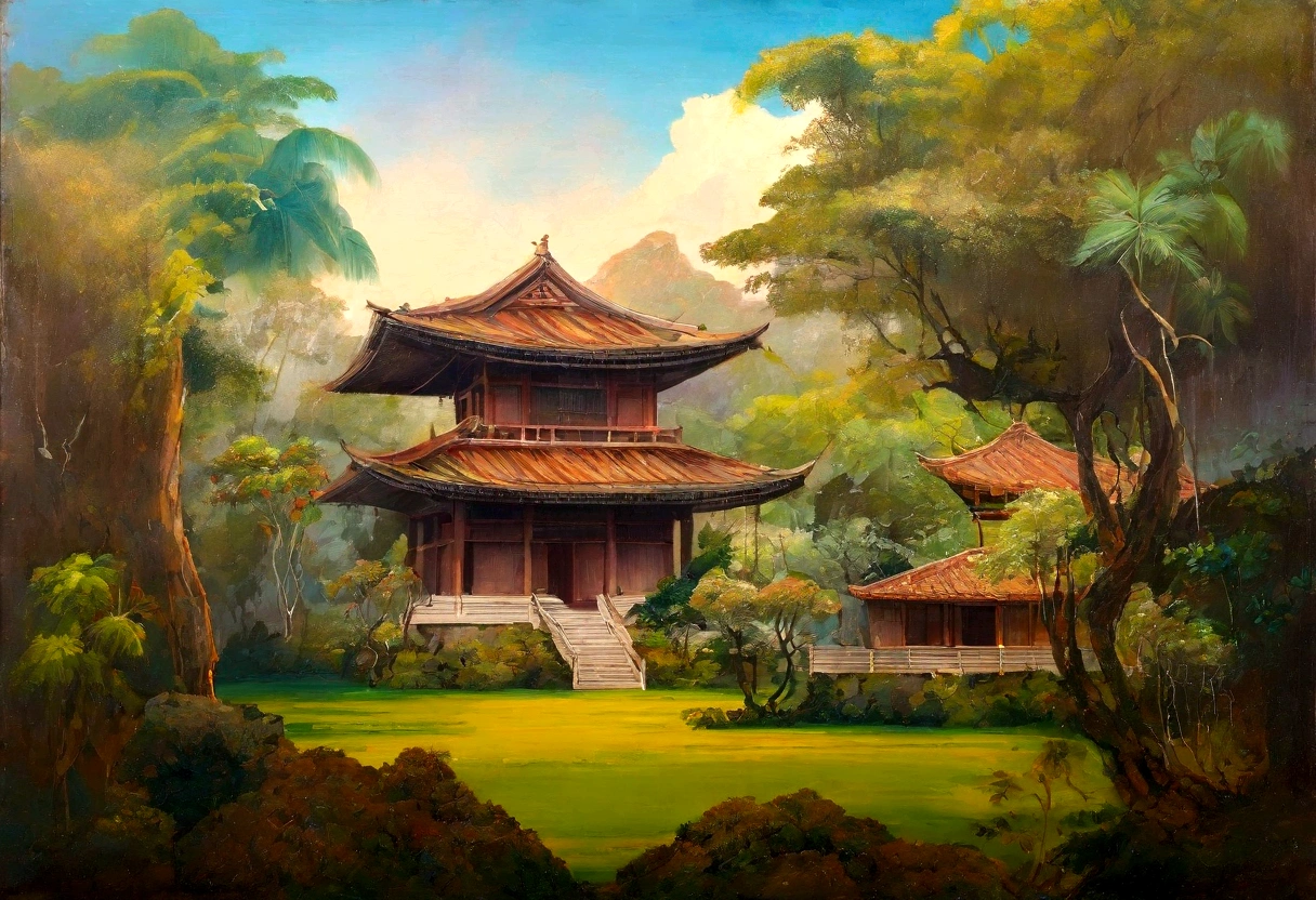 painting landscape of a tropical forest with medieval japanese building in background, trees, vines, beutiful landscape, full of tropical trees, faded color, silky oil paint