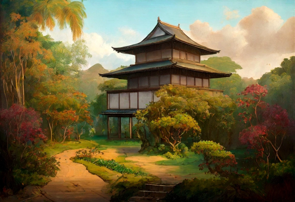 painting landscape of a tropical forest with medieval japanese building in background, trees, vines, beutiful landscape, full of tropical trees, faded color, silky oil paint