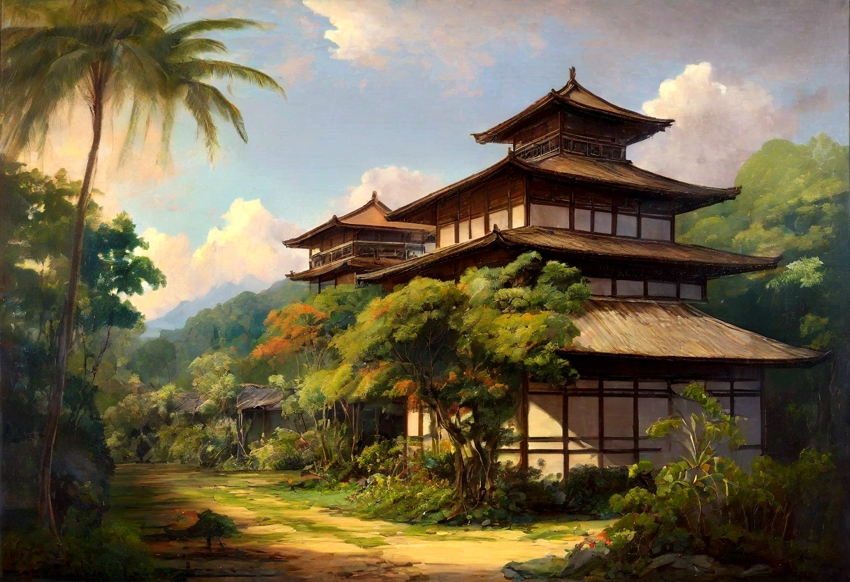 painting landscape of a tropical forest with medieval japanese building in background, trees, vines, beutiful landscape, full of tropical trees, faded color, silky oil paint