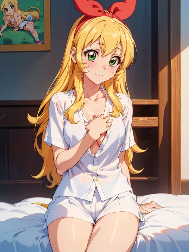 , ((beautiful)), ((masterpiece)), ((best quality)), (extremely detailed face), perfect lighting, highres, 8k, wallpaper, backlit, (absurdres), (ultra detailed, 8K, ultra highres:1.2), BREAK,(RED Ribbon on HAIRband:1.2),Blonde HAIR,smile,navel,groin,denim shorts,loose clothes,shirt pull:1.4,shorts pull:1.4,A fashionable female ,dressed in a casual yet stylish outfit,browsed the racks of clothes at the department store. She hummed a tune to herself as she examined the various accessories and small items on display. Her outfit consisted of a pair of ripped denim shorts paired with a loose, camisole and a pair of sneakers. She accessorized with a small, silver bracelet on her wrist. As she shopped, the girl couldn't help but be drawn to the various colorful and glittering items in the store. She picked up a pair of cute, heart-shaped earrings and a matching necklace,admiring them in the bright, fluorescent lighting,Ichigo Hoshimiya (Aikatsu!),from below,squatting,groin_focus,