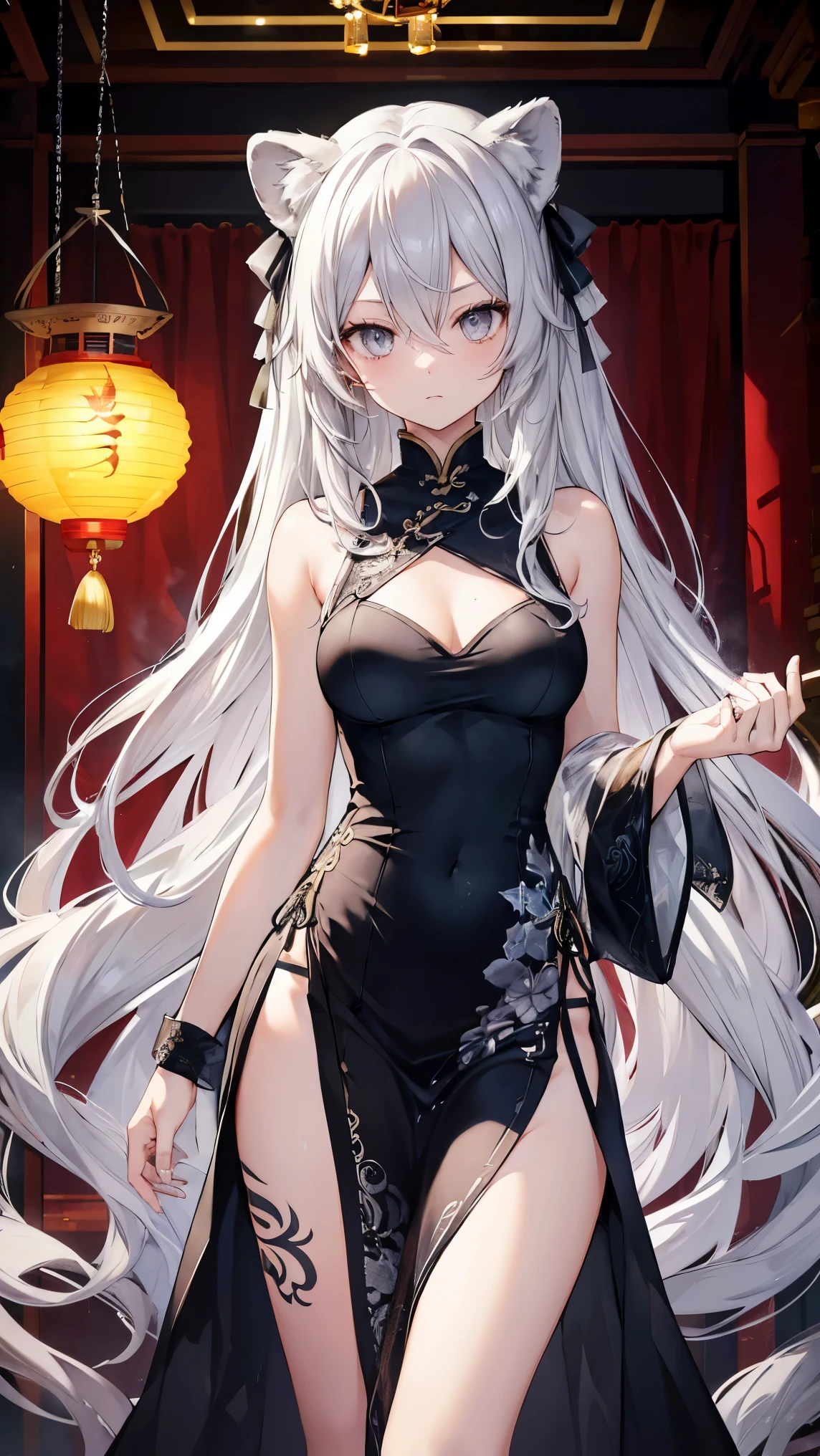 unparalleled masterpiece, ultra realistic 8k CG, perfect artwork, ((perfect female figure)), white hair, red eyes, mature female, milf, narrow waist, chinese deity, looking at viewer, seductive posture, sexy pose, alluring, clean, beautiful face, pure face, pale skin, absurdly long hair, shiny skin, skindentation,delicate pattern, intricate detail, (rich:1.4), (extremely detailed 8K chinese long embroidery silkrobe and silk long clothes and dress:1.2),slim body