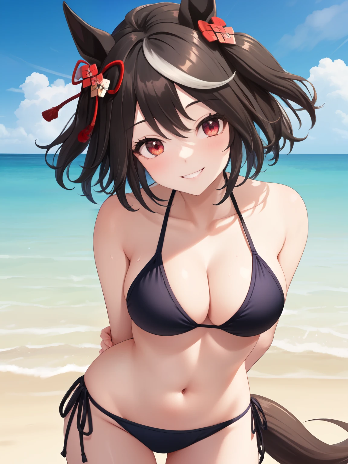 ((Highest quality, masterpiece, High resolution)), One girl, Kitasan Black\(umamusume\), Swimwear, Cleavage, (Horse tail), smile, smile, Sandy Beach, Beach, Black Bikini, Are standing, Hands Behind Back, forward leaning posture, Put your hands behind your back