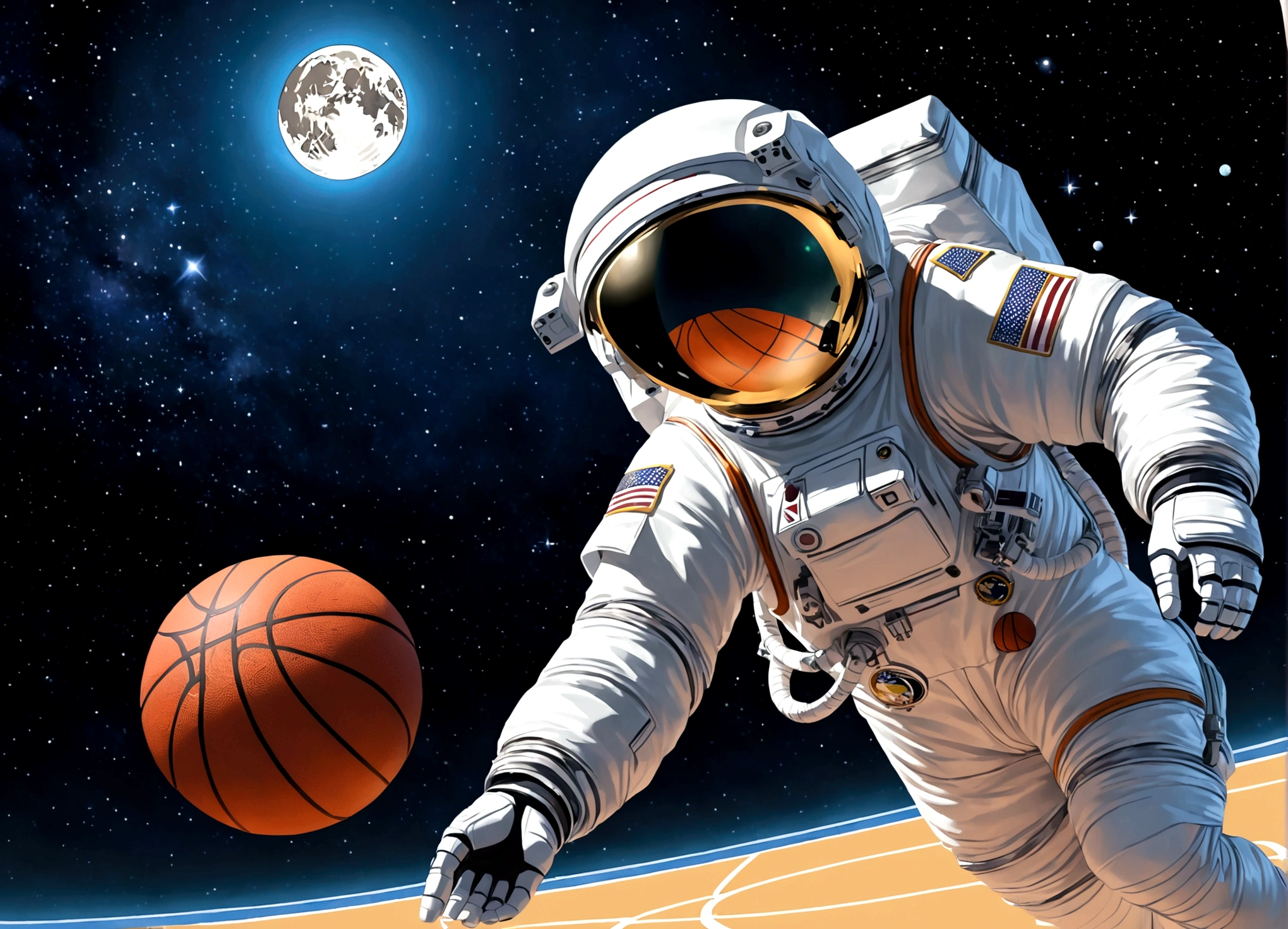 astronaut, Moon, basketball场, basketball, Space suit, Bright, Clarity, Rich in details, Science Fiction, basketball在空中飞翔, Moon表面纹理, Star bright, astronaut跳跃, basketball框, basketball场灯, night, moonlight, astronaut的笑容, Motion capture, Reality, Science Fiction Art