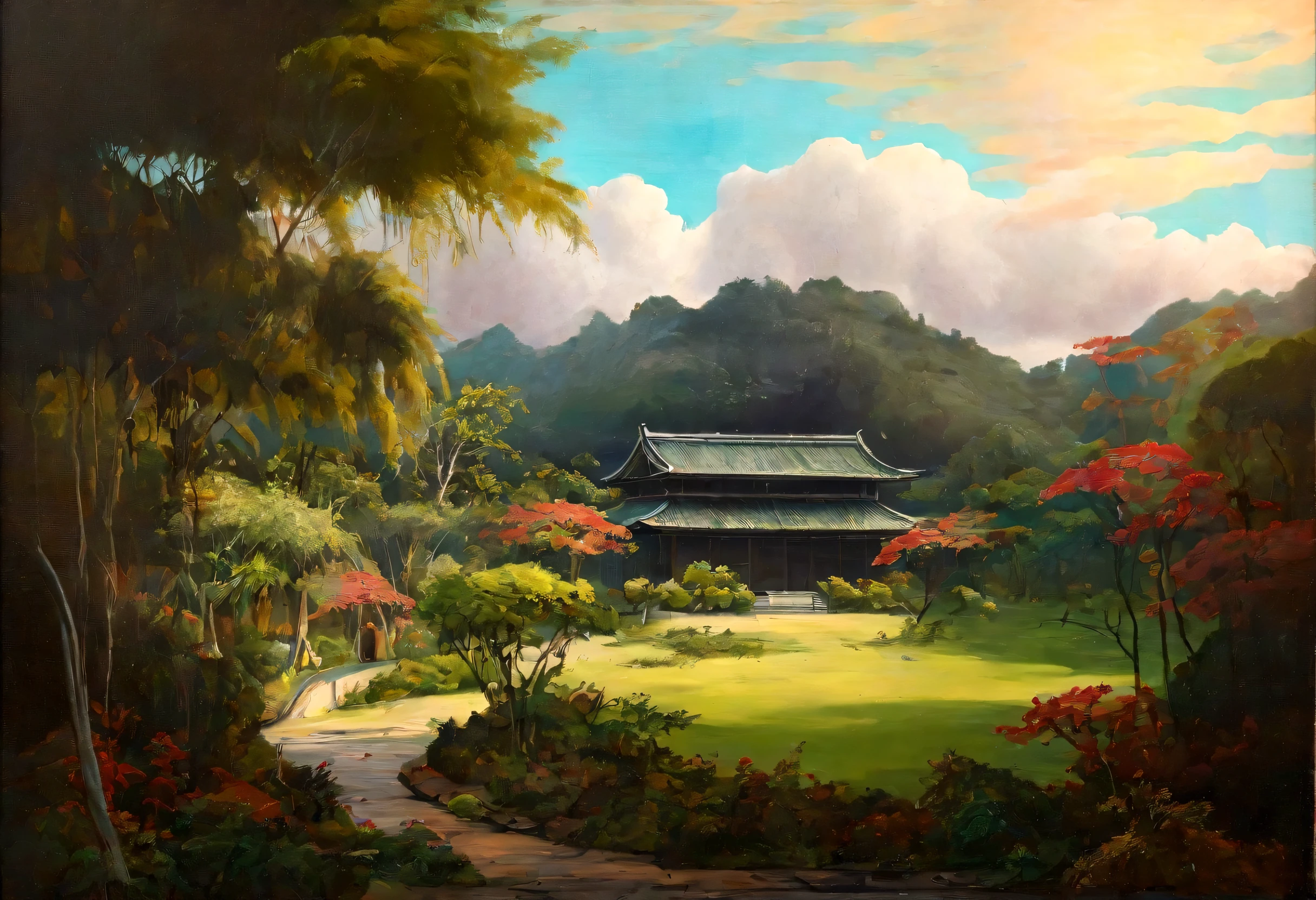 painting landscape of a tropical forest with medieval japanese building in background, trees, vines, beutiful landscape, full of tropical trees, faded color, silky oil paint