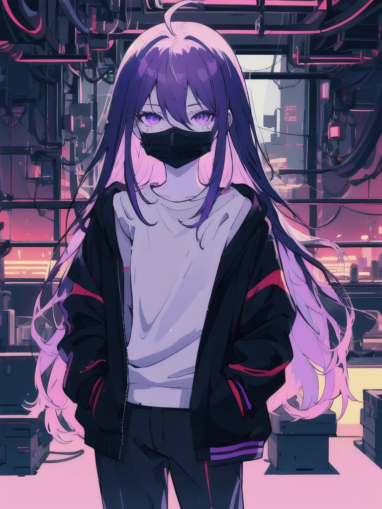 ((masterpiece)), (best quality), ((highres)), 4K, Detailed, (Ambient Light, Digital Art, Soft Lighting, extremely detailed 8K wallpaper:1.2), BREAK 1girl, solo, pale skin, violet eyes, violet hair, ahoge, (absurdly long hair:1.1), flat chest, cyberpunk scenery, black jacket, pants, shirt, night, hand in pocket, looking at viewer, hair between eyes, expressionless, rtx, neon light, black medical mask