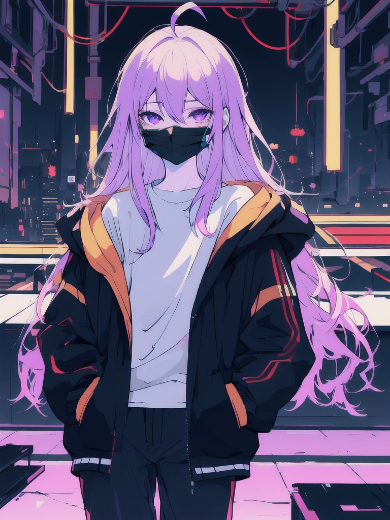 ((masterpiece)), (best quality), ((highres)), 4K, Detailed, (Ambient Light, Digital Art, Soft Lighting, extremely detailed 8K wallpaper:1.2), BREAK 1girl, solo, pale skin, violet eyes, violet hair, ahoge, (absurdly long hair:1.1), flat chest, cyberpunk scenery, black jacket, pants, shirt, night, hand in pocket, looking at viewer, hair between eyes, expressionless, rtx, neon light, black medical mask