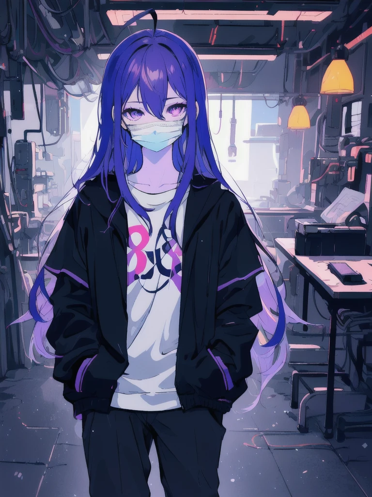 ((masterpiece)), (best quality), ((highres)), 4K, Detailed, (Ambient Light, Digital Art, Soft Lighting, extremely detailed 8K wallpaper:1.2), BREAK 1girl, solo, pale skin, violet eyes, violet hair, ahoge, (absurdly long hair:1.1), flat chest, cyberpunk scenery, black jacket, pants, shirt, night, hand in pocket, looking at viewer, hair between eyes, expressionless, rtx, neon light, black medical mask