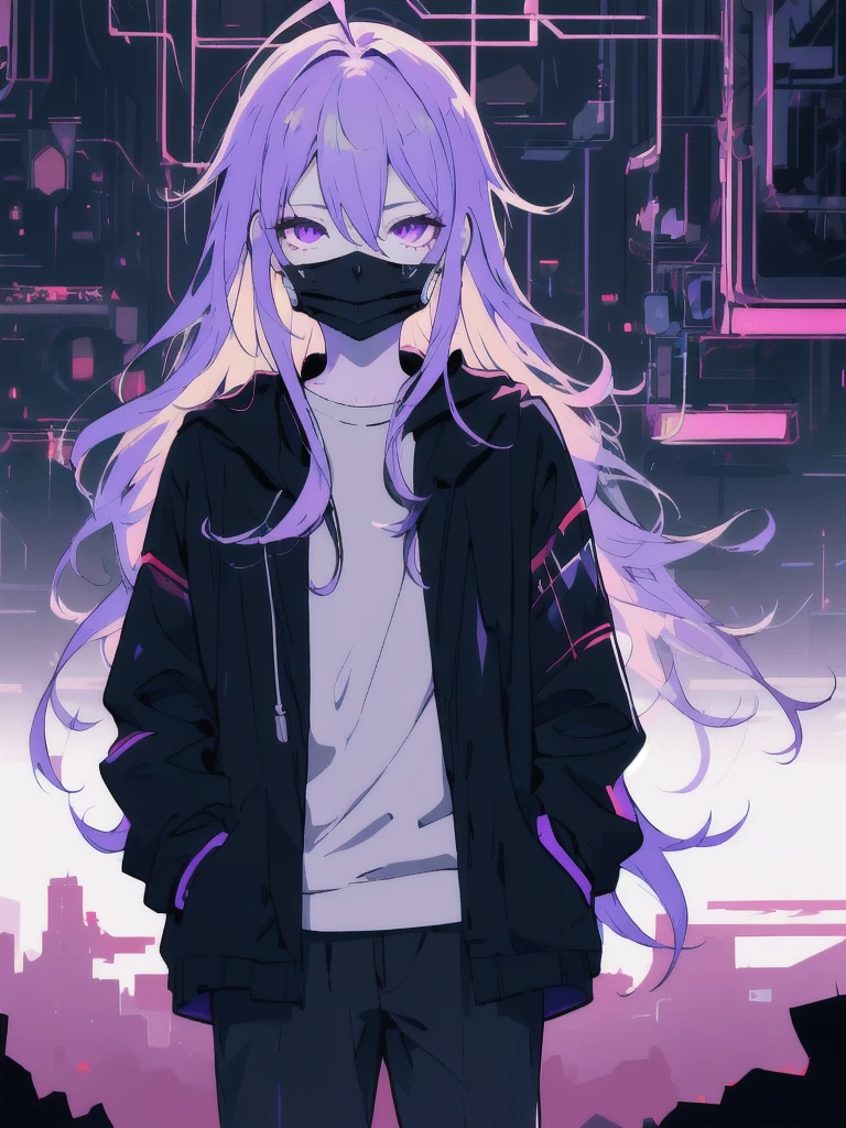 ((masterpiece)), (best quality), ((highres)), 4K, Detailed, (Ambient Light, Digital Art, Soft Lighting, extremely detailed 8K wallpaper:1.2), BREAK 1girl, solo, pale skin, violet eyes, violet hair, ahoge, (absurdly long hair:1.1), flat chest, cyberpunk scenery, black jacket, pants, shirt, night, hand in pocket, looking at viewer, hair between eyes, expressionless, rtx, neon light, black medical mask