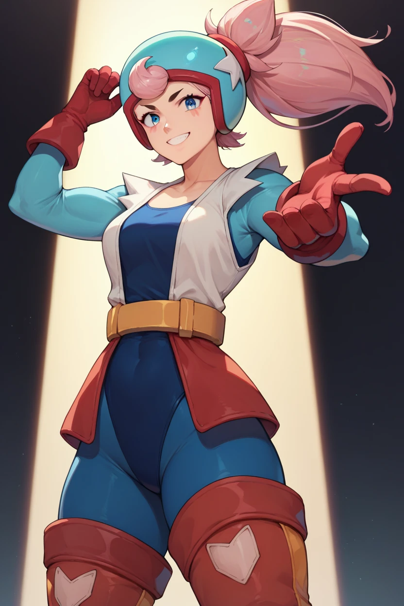 score_9, score_8_up, score_7_up, source_anime, solo, 1girl, bsjanet, smile, looking at viewer, ponytail, helmet, multicolored clothes, blue leotard, long sleeves, red gloves, thigh boots, belt,At full height,The hips are open,spotlight, blue eyes 