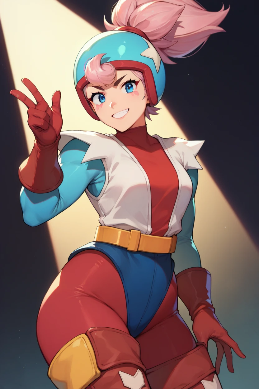 score_9, score_8_up, score_7_up, source_anime, solo, 1girl, bsjanet, smile, looking at viewer, ponytail, helmet, multicolored clothes, blue leotard, long sleeves, red gloves, thigh boots, belt,At full height,The hips are open,spotlight, blue eyes 