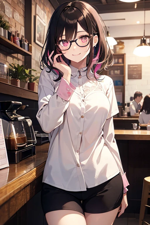 so beautiful, Beautiful Eyes, Highest quality, Very detailed, Intricate details, One Girl ,Short brown hair, Brown eyes, Thick thighs, White shirt、 good looking, Long Hair, Black Hair, Pink highlights on the tip, Pale pink eyes,Wear glasses、Happy smile、Cafe、colorful、coffee