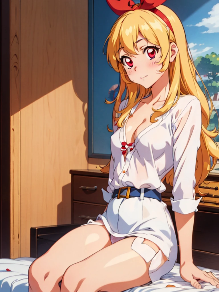 , ((beautiful)), ((masterpiece)), ((best quality)), (extremely detailed face), perfect lighting, highres, 8k, wallpaper, backlit, (absurdres), (ultra detailed, 8K, ultra highres:1.2), BREAK,(RED Ribbon on HAIRband:1.2),Blonde HAIR,smile,navel,groin,denim shorts,loose clothes,shirt pull:1.4,shorts pull:1.4,A fashionable female ,dressed in a casual yet stylish outfit,browsed the racks of clothes at the department store. She hummed a tune to herself as she examined the various accessories and small items on display. Her outfit consisted of a pair of ripped denim shorts paired with a loose, camisole and a pair of sneakers. She accessorized with a small, silver bracelet on her wrist. As she shopped, the girl couldn't help but be drawn to the various colorful and glittering items in the store. She picked up a pair of cute, heart-shaped earrings and a matching necklace,admiring them in the bright, fluorescent lighting,Ichigo Hoshimiya (Aikatsu!),from below,squatting,groin_focus,