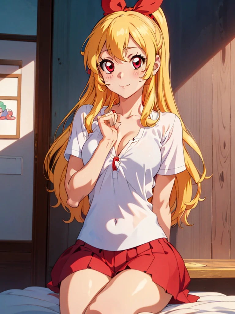 , ((beautiful)), ((masterpiece)), ((best quality)), (extremely detailed face), perfect lighting, highres, 8k, wallpaper, backlit, (absurdres), (ultra detailed, 8K, ultra highres:1.2), BREAK,(RED Ribbon on HAIRband:1.2),Blonde HAIR,smile,navel,groin,denim shorts,loose clothes,shirt pull:1.4,shorts pull:1.4,A fashionable female ,dressed in a casual yet stylish outfit,browsed the racks of clothes at the department store. She hummed a tune to herself as she examined the various accessories and small items on display. Her outfit consisted of a pair of ripped denim shorts paired with a loose, camisole and a pair of sneakers. She accessorized with a small, silver bracelet on her wrist. As she shopped, the girl couldn't help but be drawn to the various colorful and glittering items in the store. She picked up a pair of cute, heart-shaped earrings and a matching necklace,admiring them in the bright, fluorescent lighting,Ichigo Hoshimiya (Aikatsu!),from below,squatting,groin_focus,