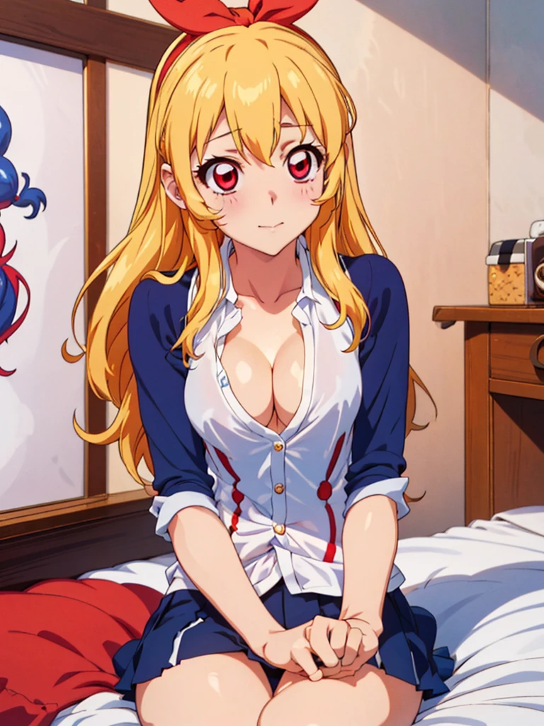 , ((beautiful)), ((masterpiece)), ((best quality)), (extremely detailed face), perfect lighting, highres, 8k, wallpaper, backlit, (absurdres), (ultra detailed, 8K, ultra highres:1.2), BREAK,(RED Ribbon on HAIRband:1.2),Blonde HAIR,smile,navel,groin,denim shorts,loose clothes,shirt pull:1.4,shorts pull:1.4,A fashionable female ,dressed in a casual yet stylish outfit,browsed the racks of clothes at the department store. She hummed a tune to herself as she examined the various accessories and small items on display. Her outfit consisted of a pair of ripped denim shorts paired with a loose, camisole and a pair of sneakers. She accessorized with a small, silver bracelet on her wrist. As she shopped, the girl couldn't help but be drawn to the various colorful and glittering items in the store. She picked up a pair of cute, heart-shaped earrings and a matching necklace,admiring them in the bright, fluorescent lighting,Ichigo Hoshimiya (Aikatsu!),from below,squatting,groin_focus,