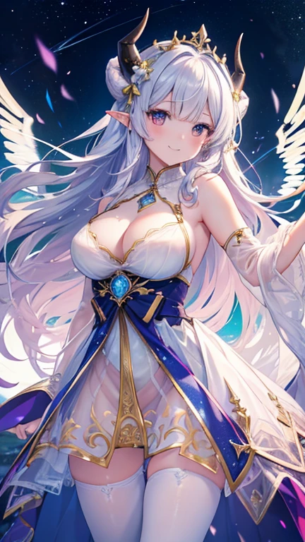 最high quality、1 Female Elf、The Strongest Succubus、　Intense movement、Welcome with open arms、Big welcome！、Fancy effects、Like in the anime、action、Giant demon staff、 for example: Worst quality , Fractal Art　((Squint your eyes and laugh、))((優しく見下すsmile　))SM Queen、orgasm、Ecstasy、Large front、 beautiful sparkle,High-definition depiction, Realistic,  Unity, ,Bold shots,Giant Devil's Wings、黒colorに輝く翼、、 Light smile, beautifulland vividly drawn, , beautiful, beautiful, Transparent muscle、A beautiful decorated magic wand with a sparkling glow、Giant horns、 Demon King、tiara、beautiful decorated horns、 , beautiful Landscape、 Romanticism,mosquito。 The most beautiful form of chaos, Mr...々color, Intertwining flowers, particle,Magical gentle Light,smile,,image quality、masterpiece、beautiful Face、Super beautiful elf woman((Busty 22 year old、Bust 90,beautiful long ironed hair、Silver Hair、。、Esbian、、high quality、、Visual Arts、Highest quality、1 Female Elf for example: Worst quality ,beautiful Fractal Art　Marble pillar、、、Light、beautiful radiance,High-definition depiction, Realistic, Unity, , Light smile, beautifuly and vividly drawn, , beautiful, beautiful, Transparent muscle、 ((See-through body stockings,))Countless rays of Light pouring down, Swirling Light, Big Background, , Intense Light is emitted from the magic circle in front of the girl. Romanticism,Cowboy Shot: 