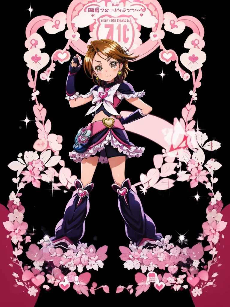 1girl, solo, cure black, short hair, brown hair, brown eyes, earrings、heart brooch, jewelry, magical girl, fingerless gloves, heart, black footwear, skirt, boots, shorts