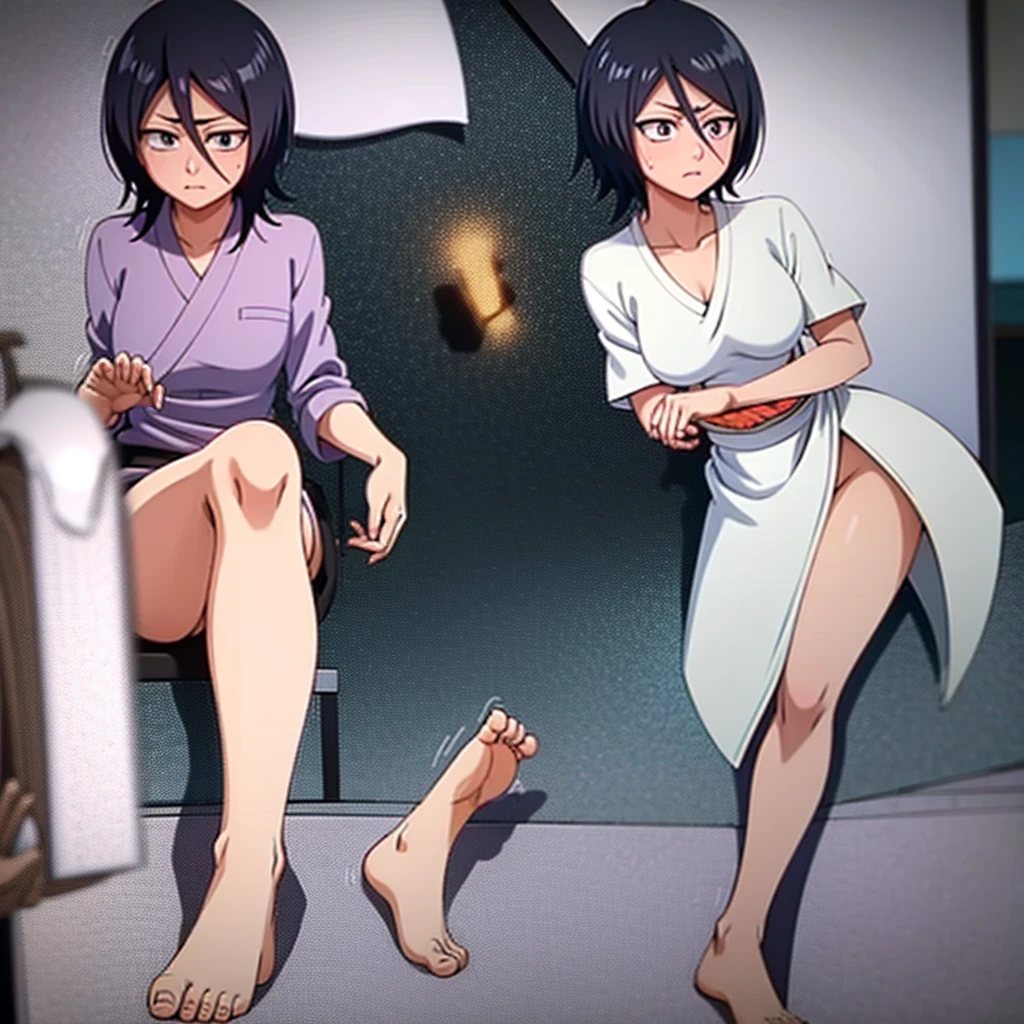 Rukia Kuchiki, Barefoot, Feet Close up, looking at the Spectator, blush, Embarrassed, closeup on soles, perfect toes, wet feet, 5 toes, Black kimono with white ribbons, Black hair, violet eyes, shoulder-length hair, short strands passing through the middle of the face, Close-up of her feet, Feet close to the camera, barefoot, 