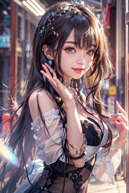 (((True Beauty))), Black Hair、folder、Round eyes、False eyelashes、Straight hair, Wavy Hair、correct、Deep Red Lipstick、Striped Hair、Brown Hair、Blue Hair、(Gradient Hair)、Asymmetrical Hair、Hair behind the ear、Crossed bangs、Long Hair、((お尻までLong Hair))、Long Hair、Smooth, Silky Hair、Hair up on one side、とんでもなくLong Hair、Light brown eyes、Ring Eye、Round eyes、Wicked Smile、A light smile、Cast a Shadow、(Extraordinary presence)、Atmospheric perspective、Backlight、Exposure、Lens flare、、最high quality、超High resolution、超High resolution、Very realistic, masterpiece、correct、Textured skin、high quality、最high quality、Awards、32k, 髪のfolder、Crafty、B Cup 、bold、（A light smile）、Embarrassed laugh、Redness in the ears、correct、Shine、360° View、Very detailed、超High resolution、解剖学的にcorrect、masterpiece、Accentuate your breasts、High resolution、High detail、Long eyelashes、A slight blush、Compensate,I&#39;I don't want to wear clothes、 (((Full Body Shot)))、（((Roll up your hair))）、Seductive pose、Shooting from a distance、Different angles of view、Waist height 、Hair blowing in the wind、（Navel exposed 1.3），Skin-colored transparent forceps，（(Black transparent pantyhose 1.5)），(Straighten your legs)， jewelry, Night view, 立つ up straight, Big earrings，Soft Light，Top Glitter