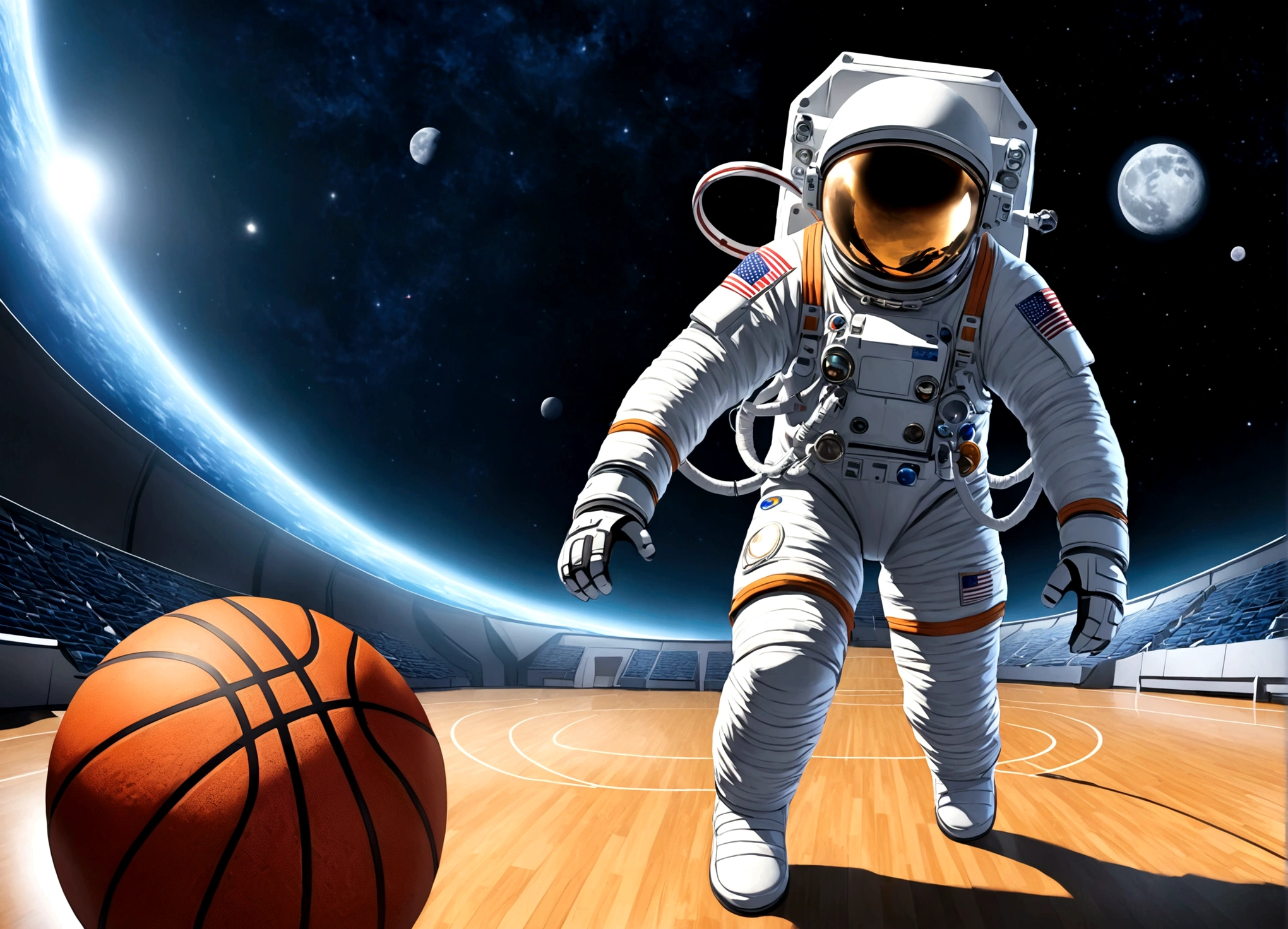 astronaut, Moon, basketball场, basketball, Space suit, Bright, Clarity, Rich in details, Science Fiction, basketball在空中飞翔, Moon表面纹理, Star bright, astronaut跳跃, basketball框, basketball场灯, night, moonlight, astronaut的笑容, Motion capture, Reality, Science Fiction Art