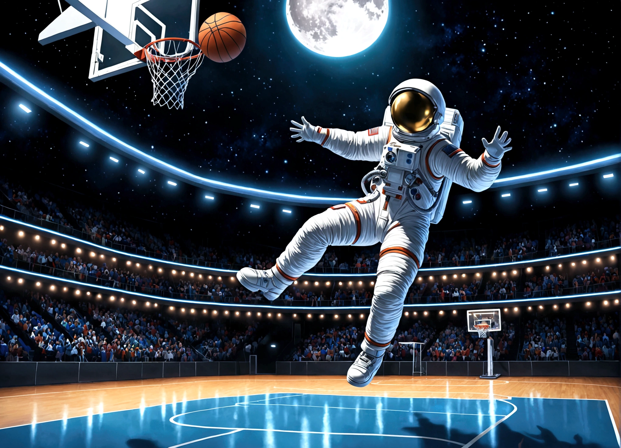 astronaut, Moon, basketball场, basketball, Space suit, Bright, Clarity, Rich in details, Science Fiction, basketball在空中飞翔, Moon表面纹理, Star bright, astronaut跳跃, basketball框, basketball场灯, night, moonlight, astronaut的笑容, Motion capture, Reality, Science Fiction Art