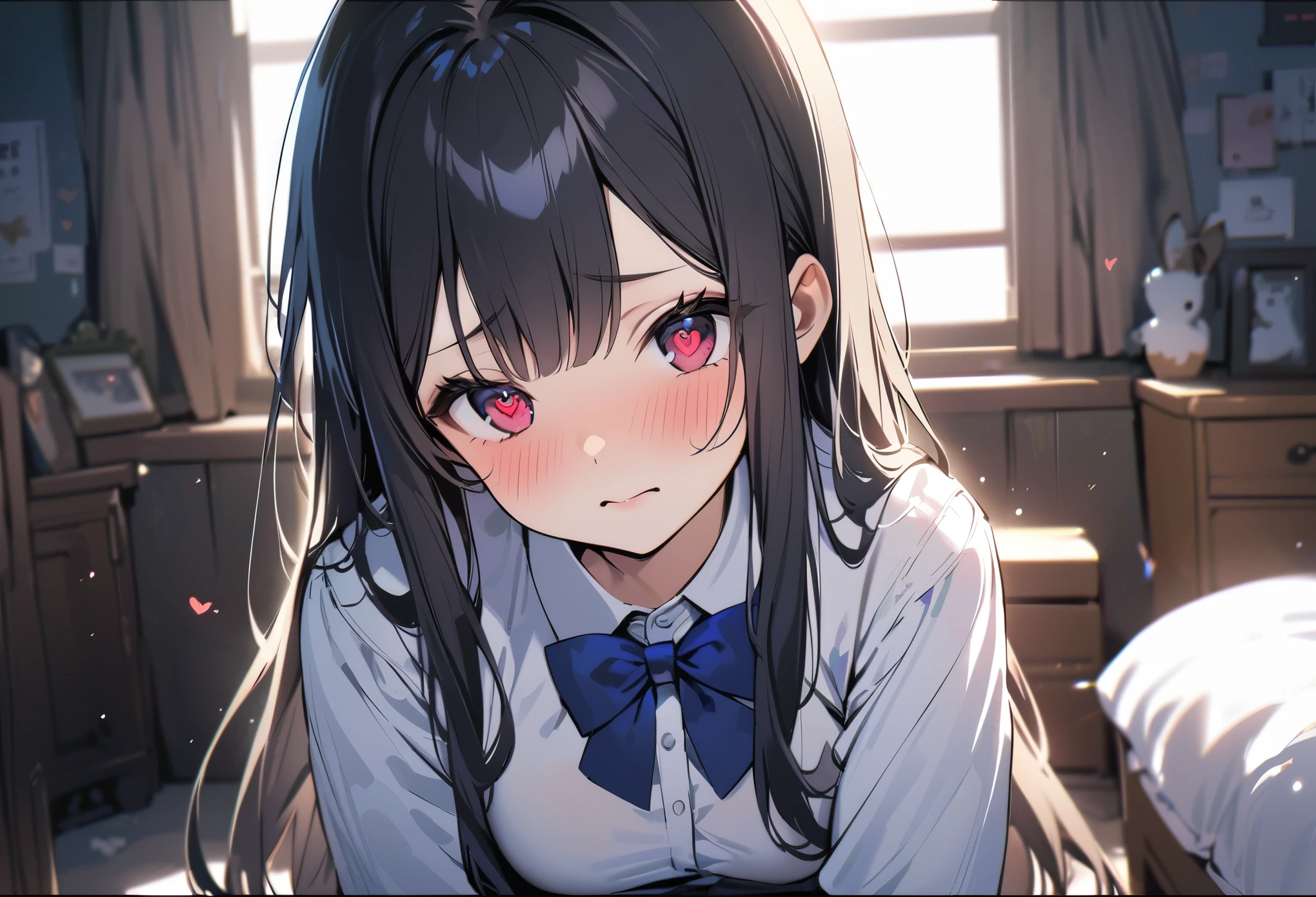 1 girl, long hair, black hair, straight hair, short bangs above brows, happy, 
BREAK (masterpiece), (high resolution 8K), cinematic lighting, professional lighting, detailed eyes and face, detailed body, 
BREAK , blazer, white shirt, blue bowtie, pleated skirt,  
BREAK cowboy shot, dutch angle, 
BREAK night, (depth of field:1.3), portrait, night view, light particles, 