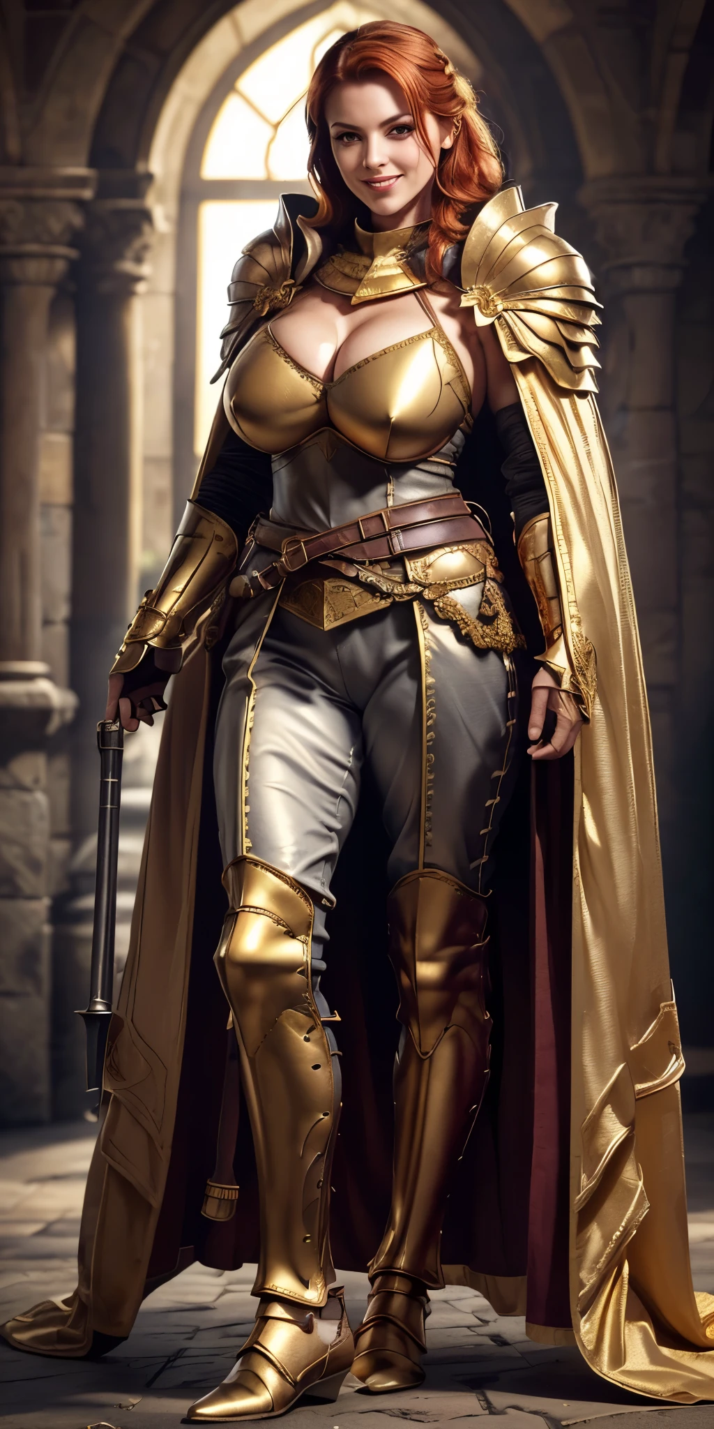 ((Highest quality)), ((masterpiece)), (detailed), 1 person,female,40 years old,knight,,(((Super big breasts))),((muscle)),,Fantasy,wilderness,cloudy,Chest armor,Pauldrons,Gauntlets,Waist armor,foot armor,Large armor around the waist,Big gun,Extremely small waist,Stocky lower body,Huge hips, underboob,(((Golden cloak))),((Wicked Smile),Excited state, ,Soft lighting,Uniform light,The light is especially on the face and there is almost no shadow on the face.,,(((Front facing、This way))),Soft lighting,Uniform light,The light is especially on the face and there is almost no shadow on the face.,((((The whole body is visible,You can see even the shoes)))),Redhead
