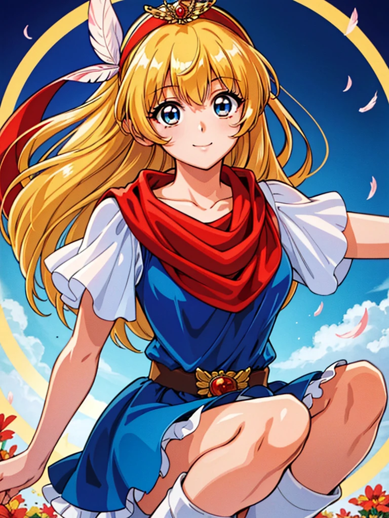 masterpiece、1 beautiful girl、fine eyes、smile,puffy eyes、highest quality, 超High resolution, (reality: 1.4), movie lighting、super beautiful、beautiful skin、body facing forward、Upper body,close up of face,(Ultra-realistic)、(High resolution)、(8k)、(very detailed)、(Beautiful and fine eyes)、(Super detailed)、 (wall-)、detailed face、bright lighting、professional lighting、looking at the viewer、look straight ahead、slanted bangs、perfect cosplay, highest quality,super detailed,1 girl,alone,magical princess,blonde hair,blue clothes,blue skirt,brown eyes,feather hair band,long hair,pauldron,boots,red scarf,tiara,white shoes, flower field background,prepare a bow
