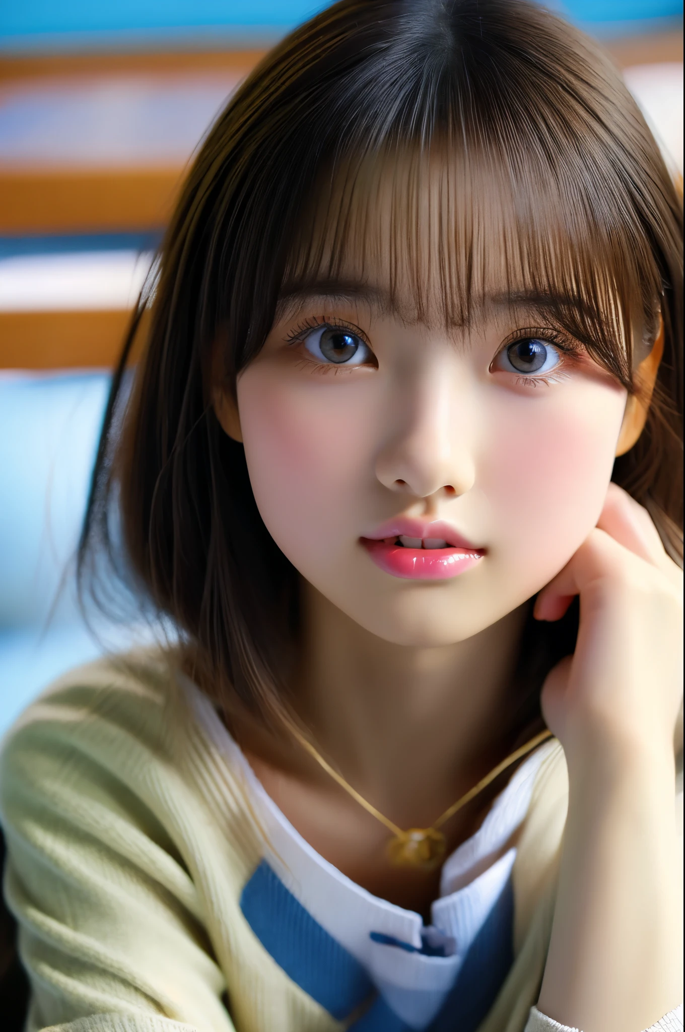 ((Highest quality、8K、masterpiece:1.3))、1peopleの美しい日本people女性、Beautiful woman with slim abs:1.3、Big eyes、Gentle mouth、Pure white skin、ponytail、high school studentの女の子、Neat  people々, (slim, small, flat, small), Short black hair, high school 、Baby Fa detailed face、Narrow eyes、double eyelid、