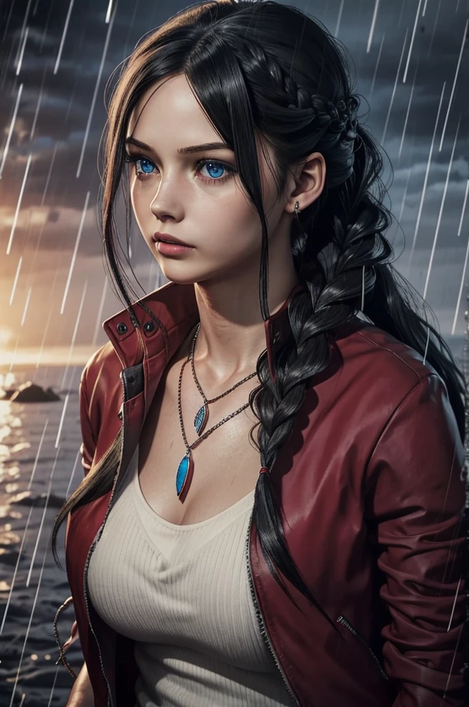 ClaireRedfieldR, 1girl, solo, jewelry, black hair, rain, blue eyes, red jacket, jacket, necklace, long hair, braid, realistic, upper body, breasts, parted lips, looking at viewer
