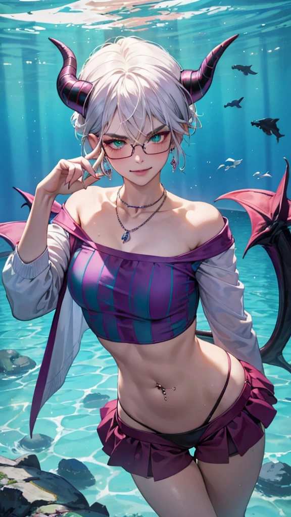 8k, masterpiece, best quality, highly detailed, 1 girl, tiefling, warlock, multicolored hair, very short straight hair green highlight hair on white hair, strippled hair, wearing glasses, round glasses, earrings, red eyeshadow, long eyelashes,navel piercing, blushed cheek, necklace, collarbone, mole, glamorous, purple and teal clothing, villainy, smirk, seductive face, fullbody view, rings, looking at viewer, swimming, demon horns, solo, bikinis, underwater.