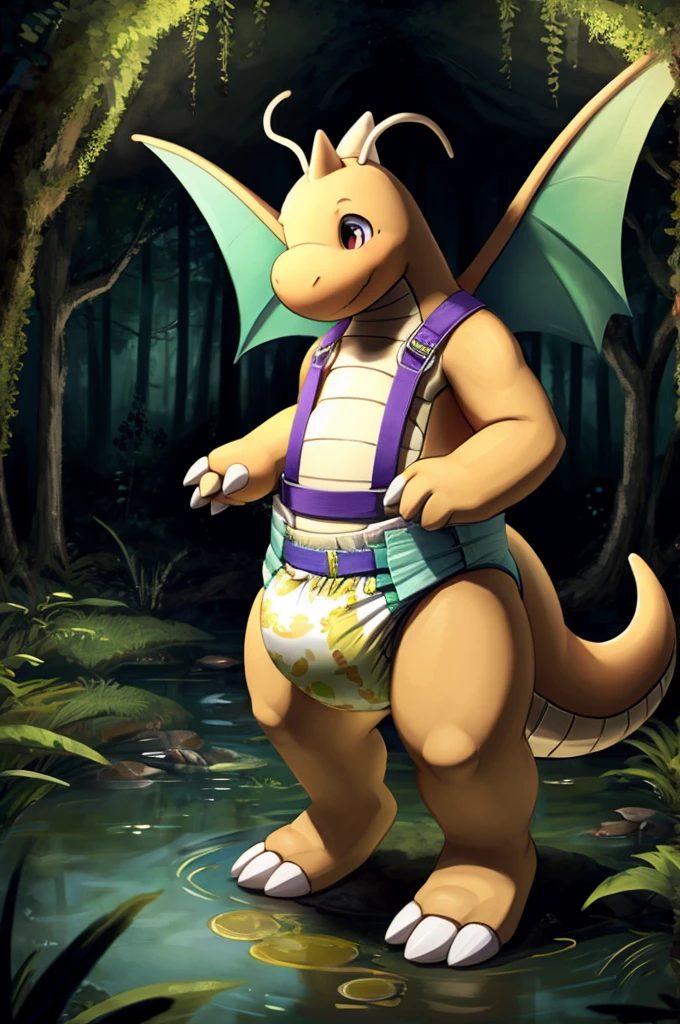 A Dragonite femboy wearing a urine camouflage harness and diaper and white socks while soaking wet in a magical forest in the dark within a blazing swamp 