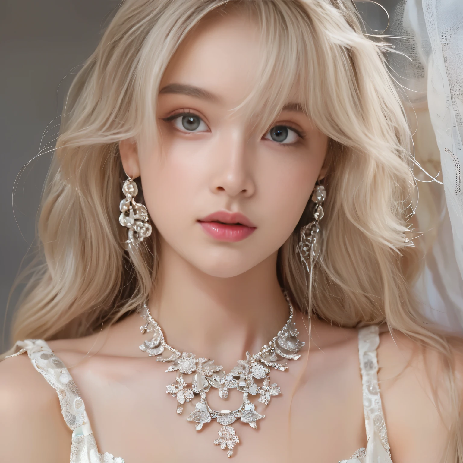 8K）、（Best image quality:1.5）、gray background、face close up、１girl、masterpiece、Delicate and sharp eyes、brown eyes、power of eyes、delicate face、cup、attractive face、platinum blonde hair、Half length wave、wedding dress、白いwedding dress、I can see your collarbone、female、collarbone emphasis、earring、necklace、