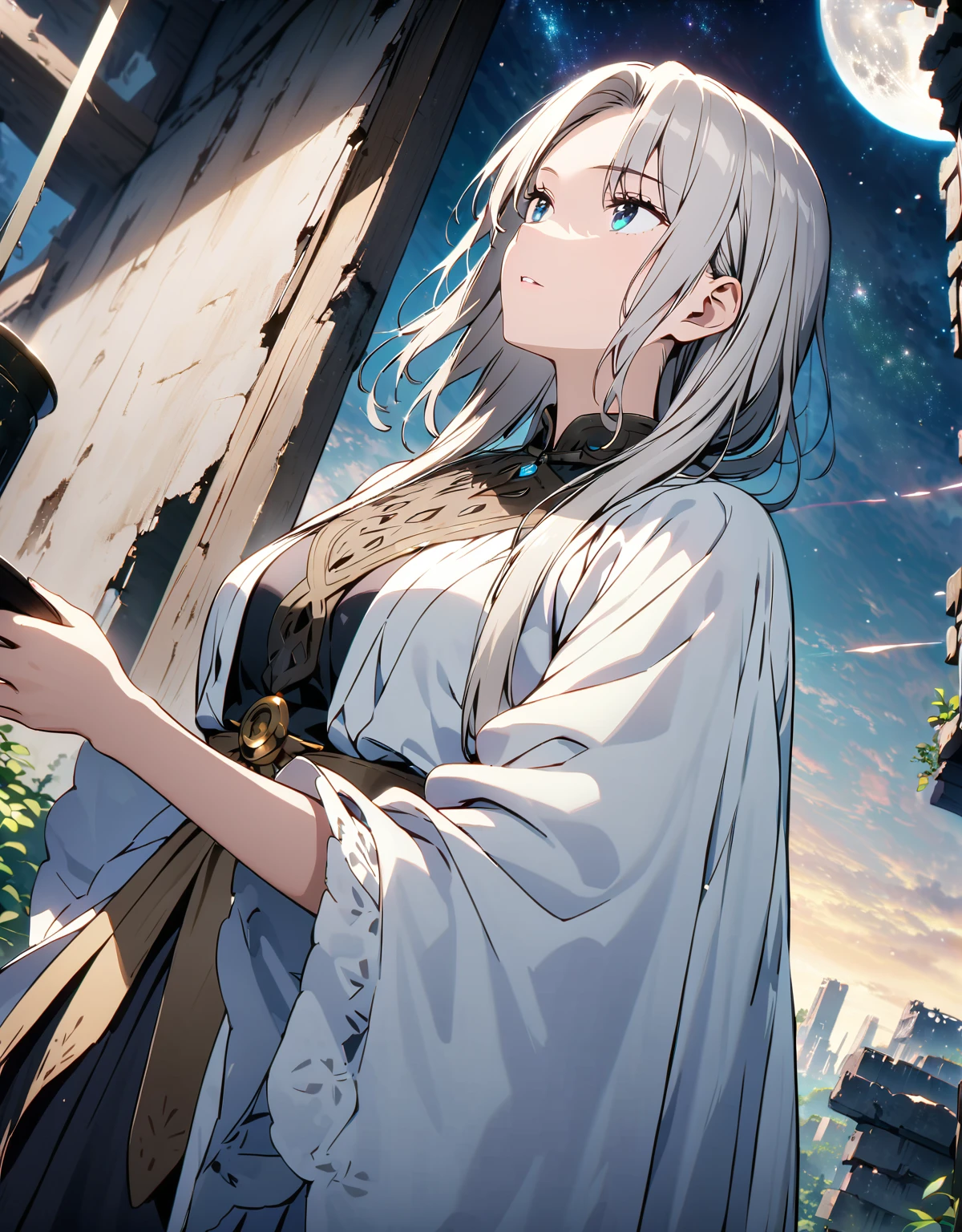  (超detailedなイラスト:1.2),Very delicate and beautiful，非常にdetailed，CG，Unity，8k wallpaper，wonderful，detailed，masterpiece，The best quality in the best condition，Official Art，非常にdetailed CG 8k Unbelievably ridiculous resolution,Beautiful and exquisite,High resolution，非常にdetailedな目と顔,Magical atmosphere, detailedな肌, texture,A cool white-haired woman,White cloak ,Clean moon, Background ruins,Looking up at the sky,